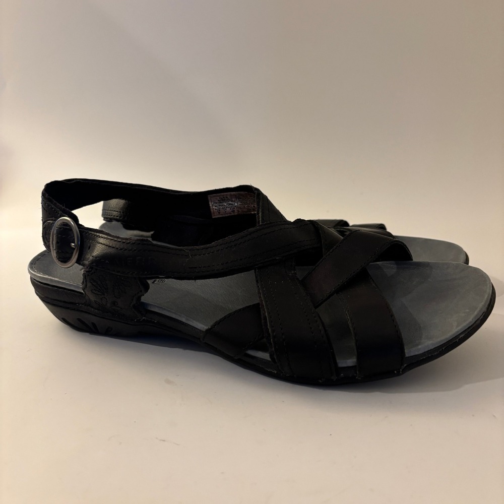 Merrell Womens 9 Black Leather Strappy Sandals Comfort Walking Shoes QForm